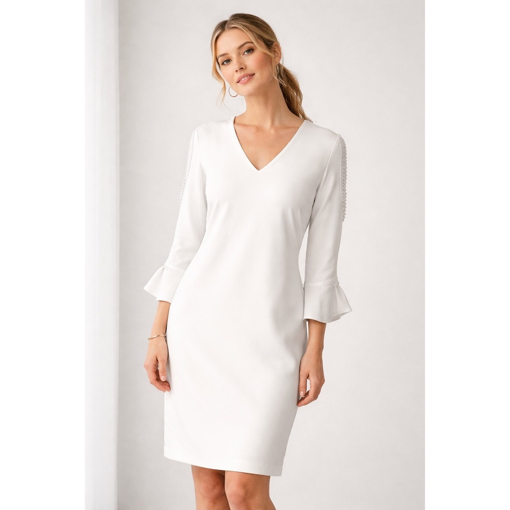 R1 Calvin Klein White V Neck Sheath Dress Bell Sleeve Lace Trim Size 10 NWT
